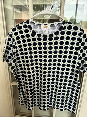 Talbots Navy and White Polka Dot Tee with Lime Accents